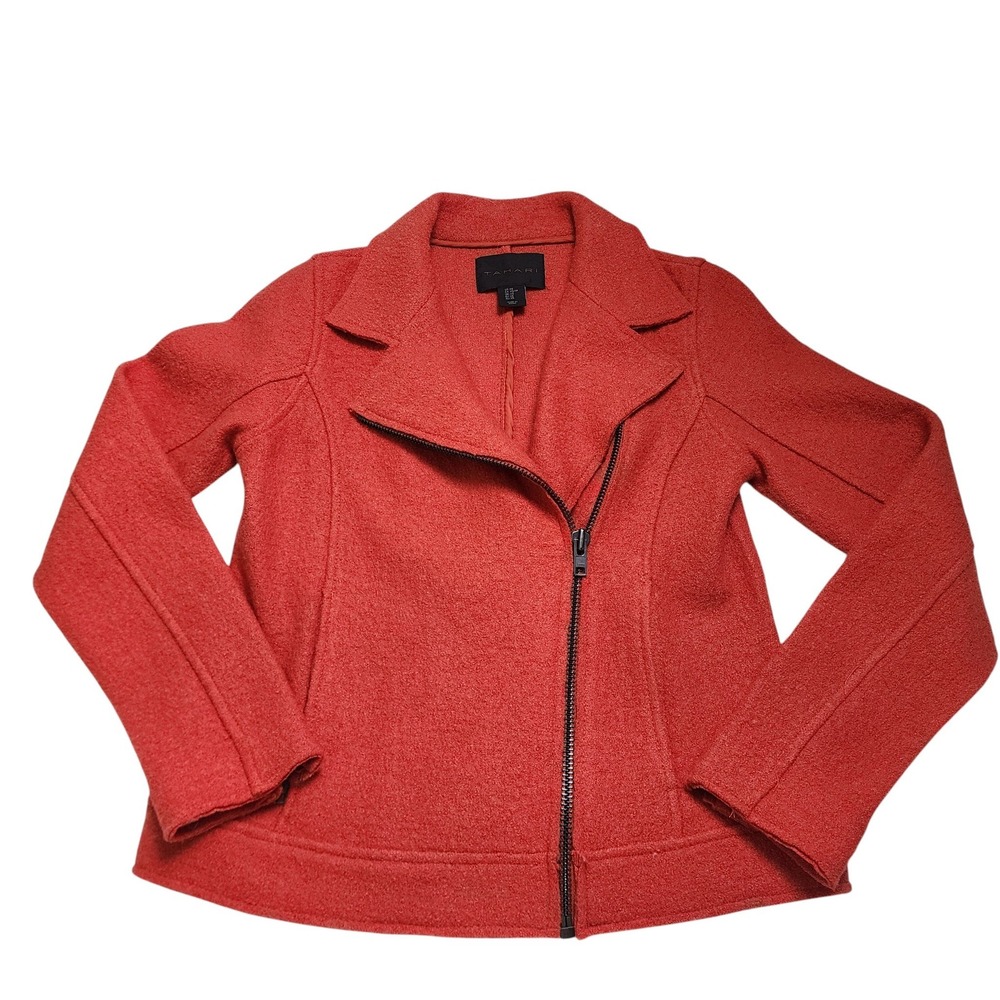 Tahari Womens Boiled Wool Moto Style Jacket Size XS Orange Asymmetrical Zip